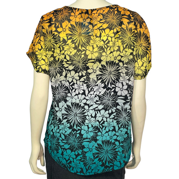 3/$20 New Directions Sz M Pullover Top Colorful Yellow Blue Ombre Floral Chiffon - Picture 3 of 8